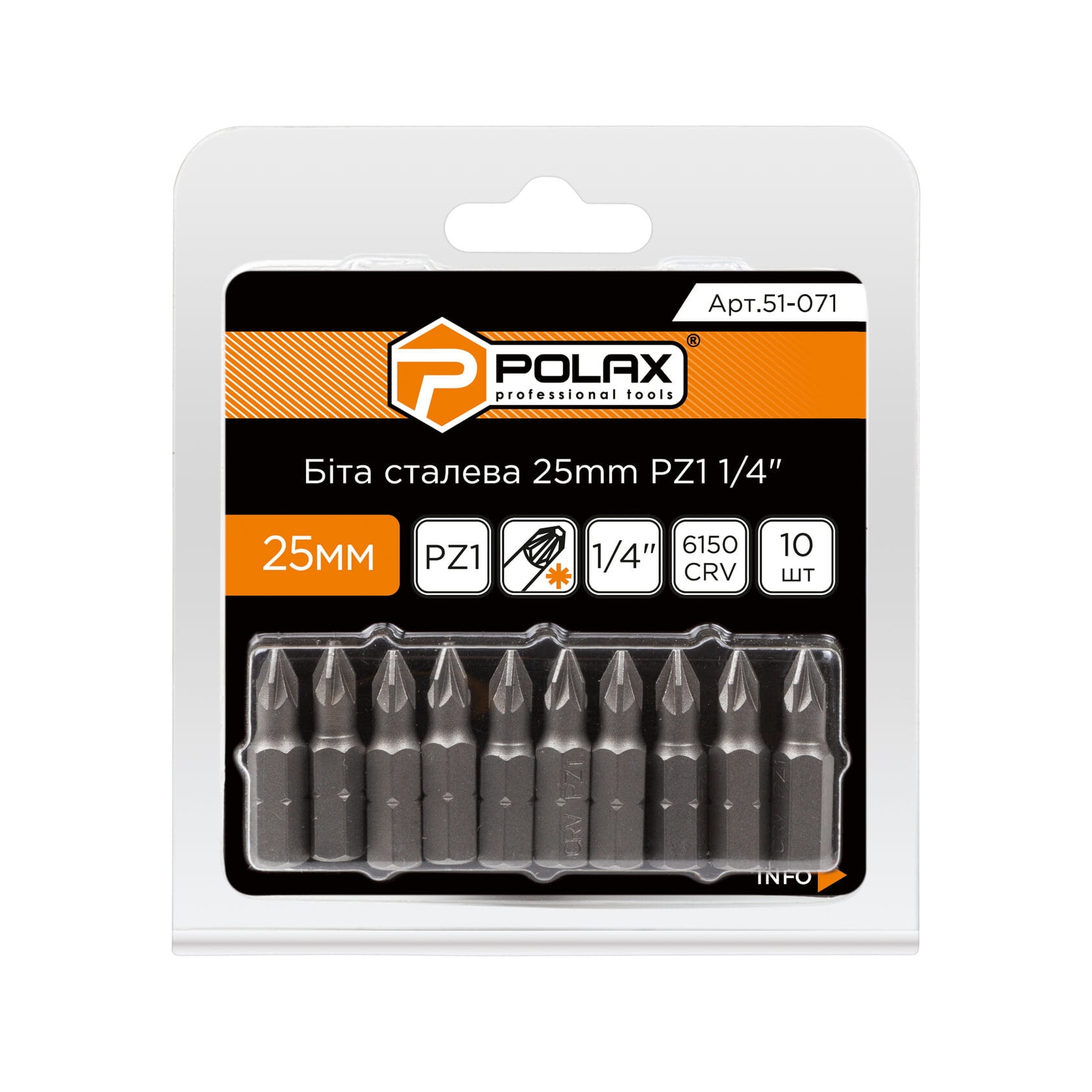 Zestaw bitów 25mm PZ1 1/4" 6150CRV 10 szt Polax 51-071