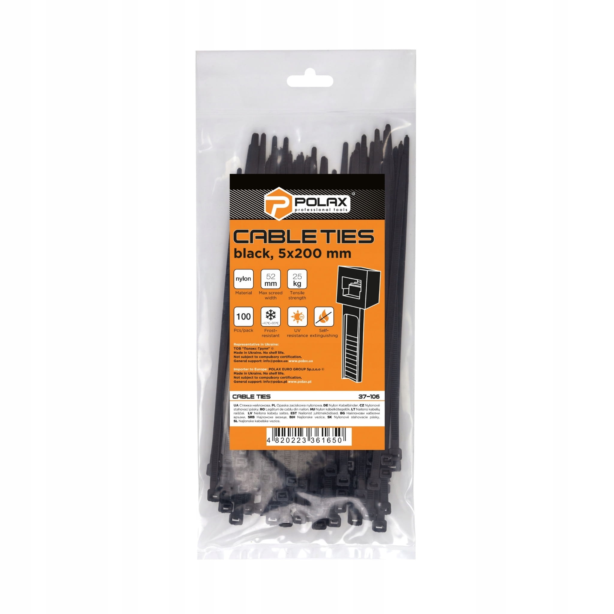 Opaska kablowa zaciskowa trytytka nylonowa 5x200 czarny opk 100szt POLAX 37-106