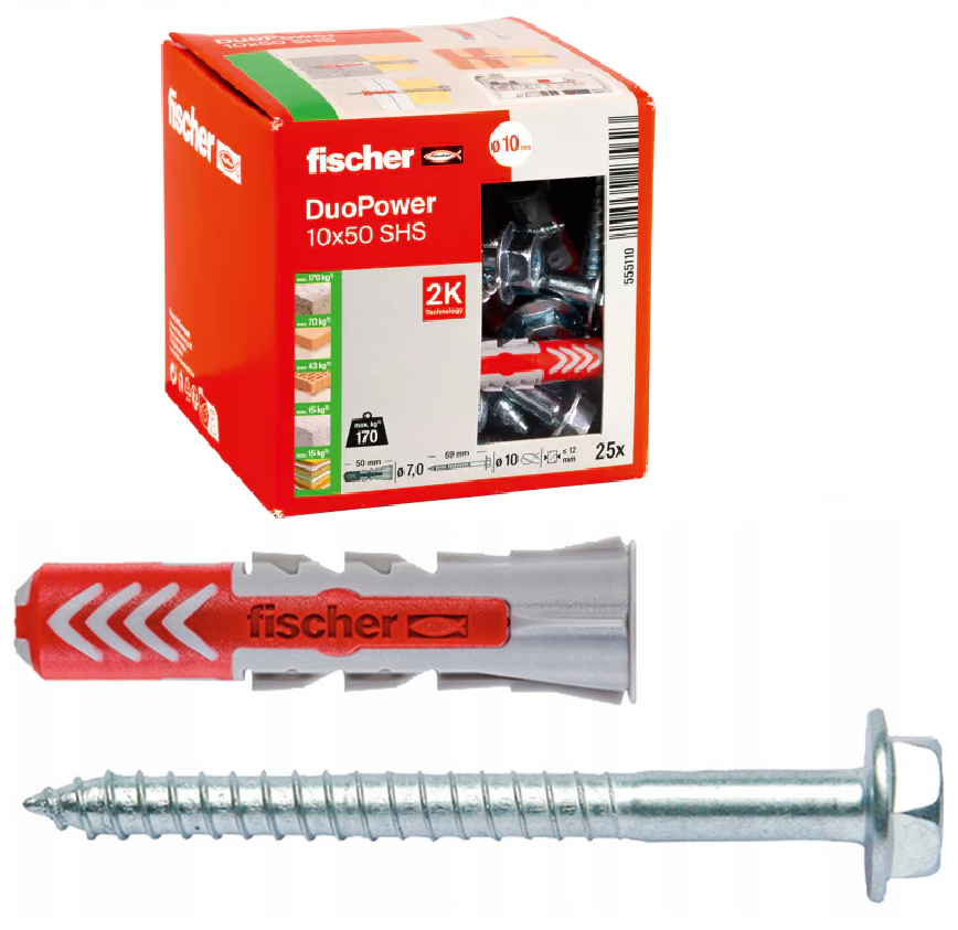 Kołek z wkrętem FISCHER DUOPOWER 10x50 S 555110 25szt