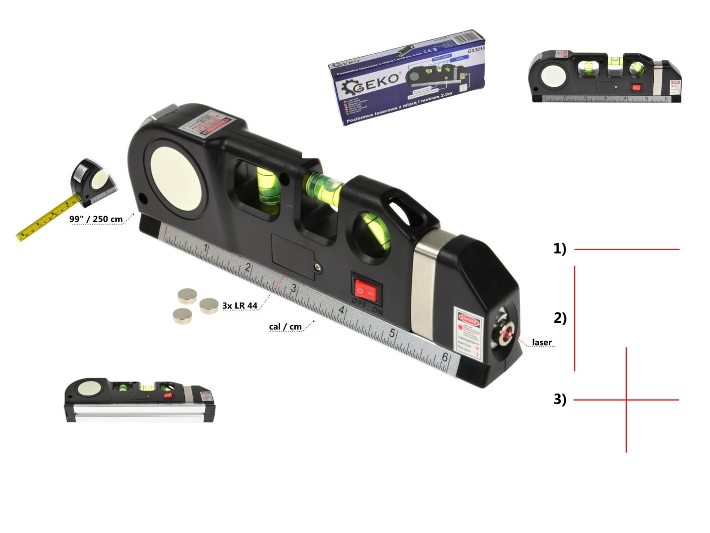 Poziomica laserowa z miarą i metrem 2,5m  G03310